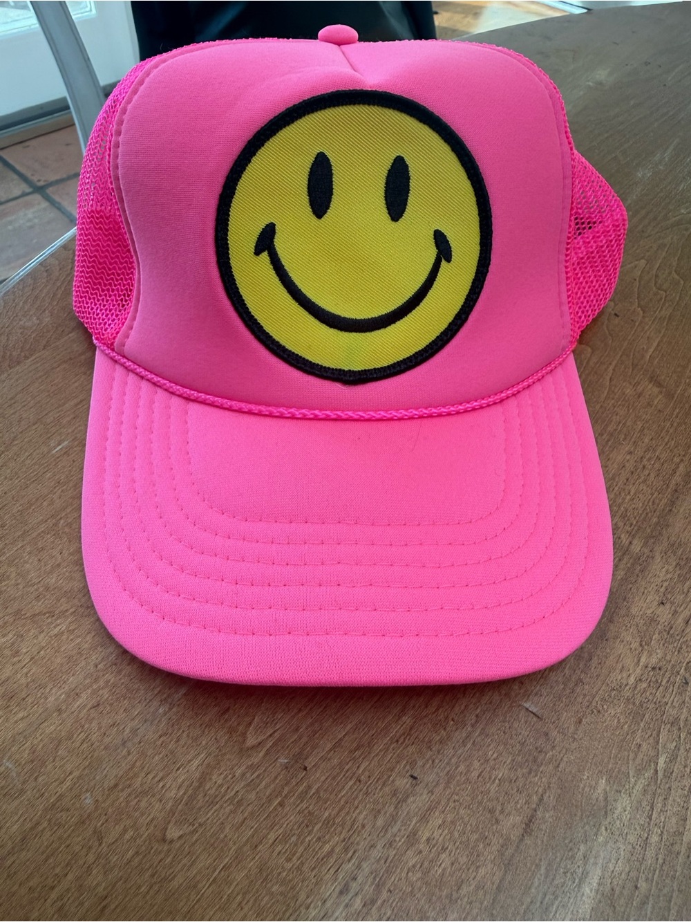 Aviator Nation Neon Pink Trucker Hat with Yellow Smiley Patch